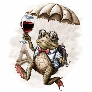 studious toad with glasses and red wine in his hand while parachuting from the Eifel tower, vintage, funny, white background, clipart, no shadows, caricature