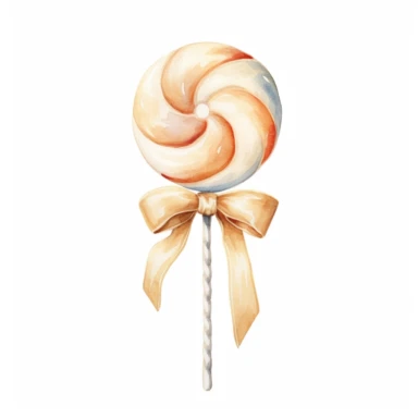 Design a watercolor clipart of a cream-colored baby rattle in the shape of a lollipop with a cream bow, set against a white background.