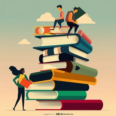 COLLEGE STUDENTS USING A LADDER TO CLIMP TOP OF A STACK OF BOOKS, VECTOR, CLIPART