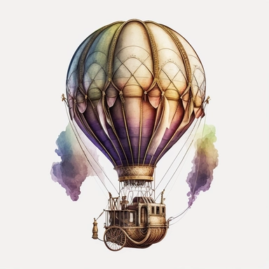 Design a watercolor style hot air balloon with intricate brass fittings, a steam-powered burner, and a network of cables and ropes for stability. High resolution with white background. 4k clipart