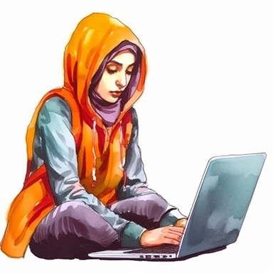 muslim girl working on a laptop, cool hacker clothes, watercolor style, clipart solid white background