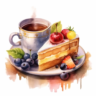 watercolor realistic painting of a piece of cake with fruits and a cup of coffee clipart, 8K