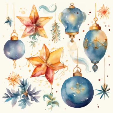 Design a collection of watercolor clipart images featuring elegant Christmas motifs such as snowflakes, stars, and ornaments. The images should have a sophisticated, upscale feel with clear lines and rich, luxurious hues. The clipart should be suitable for use in upscale holiday party invitations and other similar projects