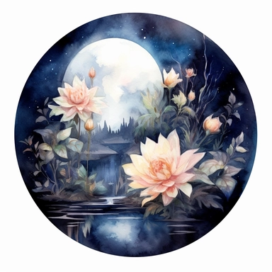 Imagine a garden bathed in the ethereal glow of the moon. Create an individual watercolor clipart piece featuring an enchanting flower surrounded by moonlight, with a touch of magic and mystery. png format