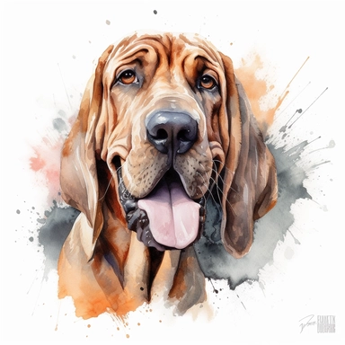 cute Bloodhound dog portrait, full face, centered shot, side shot, dynamically posed, in action, playful mood, happy mood, playing mood, cute face, adorable smile, childlike eyes, clean watercolor illustration, white background, nursery baby imagery, painting, detailed, 8k, PNG, clipart,