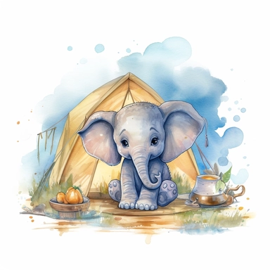 Create a watercolor illustration clipart of a playful cute Baby Elephant Camping, with its full body visible. Use soft, flowing brushstrokes and a warm, inviting color palette to create an image that is both charming and whimsical. Incorporate intricate details like the motion of Baby Elephant Camping to create a lifelike, realistic image. Can add other elements to the illustration like related item to play to create playful scene. Use white background to allow the watercolor textures to shine t