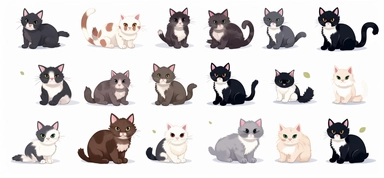 Lovable kitten clipart in the style of hiroshi nagai, presenting cute and playful kittens in various poses and expressions, perfect for cat lovers and pet - themed projects, on a white background