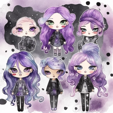 watercolor funny create kawaii marbled black ,silver, purple chibi school spirit clipart, isolated on white background,space out--ar3:2--s1000