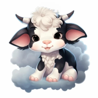 realistic looking cute sleeping baby cow, lying down on a fluffy cloud with a moon in the background, cartoon style clipart on white background