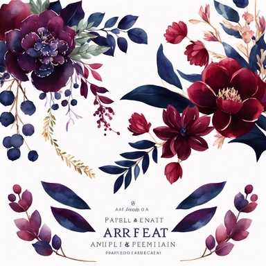 Burgundy Navy Watercolor Elegant Floral Clipart banner, Watercolor Flowers in the style of clipart banner. Burgundy Navy flowers clipart. white background