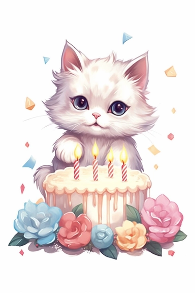 happy birthday cake clipart for card print, cute ragdoll kitten illustration, hallmark 1950s style png vector isolated on white background