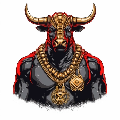 The image protrudes from the bottom edge. realistic picture of A red robot gold bull warrior tatoo on the arm wearing a black shirt with a necklace and sunglasses slung over a firearm. all white background minimal simple clip art