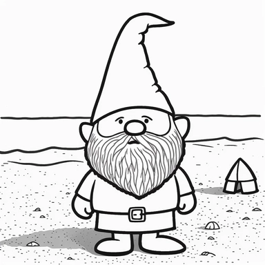 cute gnome two feet tall, with a stocky build and a long white beard with a pointed hats no eyes showing at the beach, vector, no shade, clean line art, bold thick lines, color page style, black outline only, outline, no shading, black and white, no background, white background only, clipart, ar 4:5