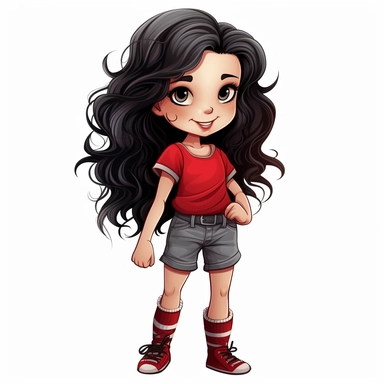 girl doll style smiling, thin black contour lines, arms crossed, red denim dress sneakers, long black hair with very light strands curls, cartoon clip art, cute eyes, illustration for kids, disney