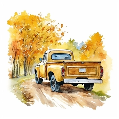 watercolor clipart, high detailed fall pickup driving scene, white background