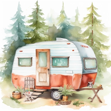 cute watercolor vintage camper clip art, woodland background