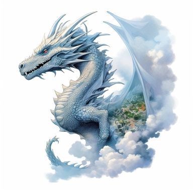 dragon of clouds tattoo design by twilight designs, in the style of david nordahl, jean-baptiste monge, farel dalrymple, fantastical street, high resolution, imaginative characters, vibrant colors, clipart, blank white background