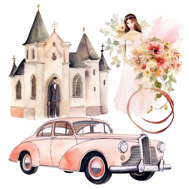 watercolor and pen wedding themed clipart, include bride and groom, vintage car, chapel, bouquet, high details, 8k,