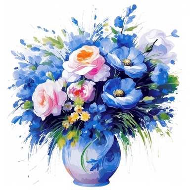 bouquet of flowers, blue, vector art, in the style of monet, clipart, white background, rounded corners