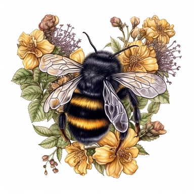 Fluffy Bumblebee on a flowering grapevine, highly detailed, acrylic paint, 16k, realistic, isolated on a white background, clipart