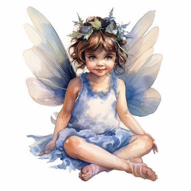 little girl, big eyes, dressed as a fairy with wings on her back, beautiful and happy, she is sitting and head is turned towards camera, very detailed and realistic, watercolor, white background with margins, clipart style