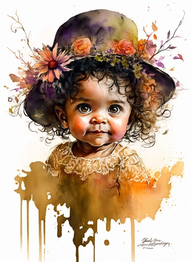 Cute little happy baby girl halloween witch with a flower hat on the head and with curly long hair and big eyes, watercolor by Thomas w. schaller, clipart, solid background, hd
