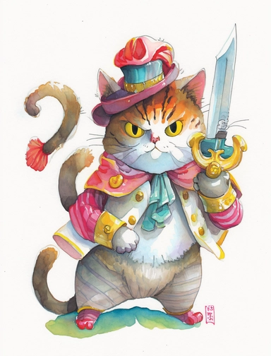 beautifully colored, beautifully illustrated anthropomorphic self defense cat , with a cast shadow , beautiful gouache painting, chibi clipart with a cast shadow on white background, beautiful gouache painting, , watercolor art by concept art by Ken Sugimoto simple watercolor still-life sketch, bold lines, sketch by Kim Jung Gi and by Satoshi Kon