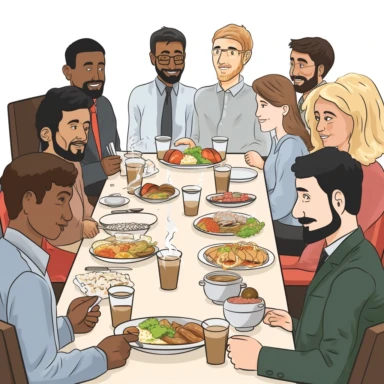a multicultural lunch between coworkers where veryone brings a meal from their cultural origins. The image has a clear colored background and some white space on top of the image. The ethnicities must be equally divided in number. Everyone is dressed prof
