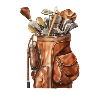 Idyllic watercolor clipart of a brown leather golf bag and 8 clubs, isolated on a pure white background, insane detail,