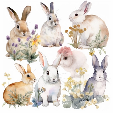 photo realistic, cute spring bunnies, watercolor, little animals and floral clipart, rabbit, country, forest, on a solid white background