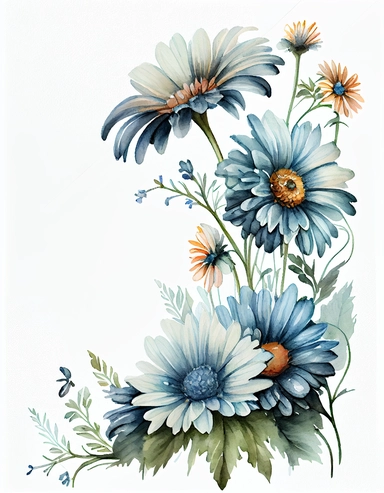 detailed watercolor blue daisy flower corner side border , isolated on white background, realistic, clipart