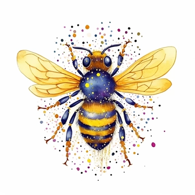 watercolor, A whimsical drawing of a bee with exaggerated pollen baskets on its hind legs, filled with an array of colorful and oversized pollen grains, capturing the essence of its pollination activities. (Digital drawing clipart, image black border color, full body, transparent background)