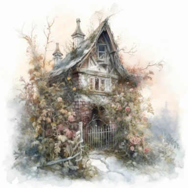 isolated on white illustration watercolor art of a white little witch house, overgrown with white and light pink roses and flowers, covered with snow and ice, a lot of moss and branches, lace and embroidery, fence, masterpiece by Tomasz Alen Kopera style and by Carl Holsoe style and by James C. Christensen style and by Alexander Jansson style, Baroque Architecture, PNG clipart, isolated on white, white background, extreme photorealistic details, 32k HD resolution, realistic high detailization hi