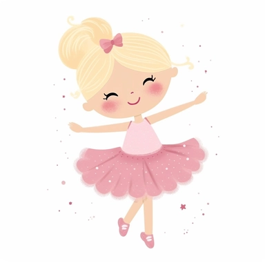 cute vector clipart of a super cute baby ballerina, pink dress, blonde dress, dancing, white background, flat colors