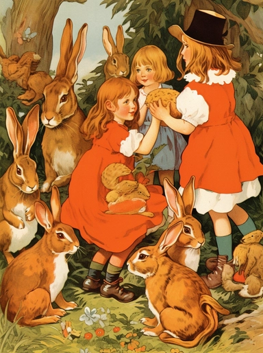 a clipart picture of a rabbit with many kids, in the style of dorothy johnstone, nostalgic paintings, colorful animation stills, angela barrett, karen wallis, orange and brown, pseudo-historical fiction