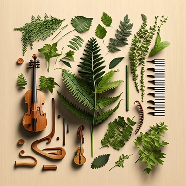 many types of fiddle ferns , in a Knolling clipart layout, tones, space between the images,materials, Deconstruction, Highly detailed, Depth