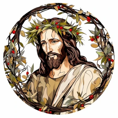 drawing of jesus christ, in the style of cultural mood, expressive black lines, harmonic colors, circle border out of thorns, white background, clipart