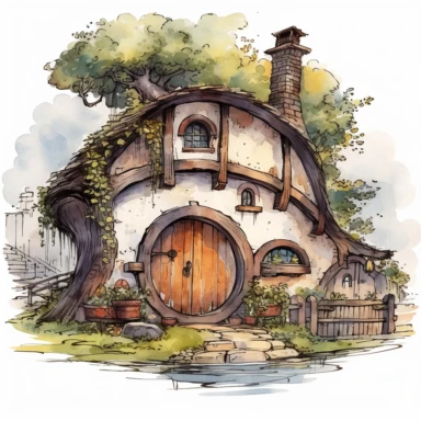 clipart of a hobbit house, whimsical, magical, watercolor illustration, thick outlines, vector, contour, isolated white background, 26k