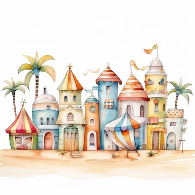 Very cute little houses, whimsical, beach scenery, bohemian style, blue sea and sand, boho style, sun beds, umbrellas, colorful stripes, palm trees, sea shore, 9 High Clipart, cute design in Michael Powell style, Watercolor Art, white background