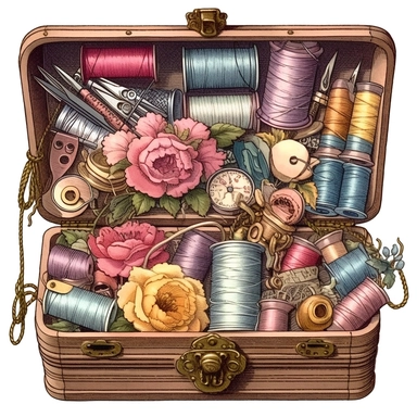 the victorian sewing equipments in a sewing box clipart, flower ornaments on box, buttons, thread rolls, needle pin, each equipment is accurately drawn, in the style of victorian-inspired hyperrealistic illustrations, historical illustration, childlike illustration, stylish costume design, romantic illustrations, emotive colors, pastel flowers, victorian vintage color palette, cute and dreamy, realistic watercolors, realistic depictions of human form, 300 DPI, white background
