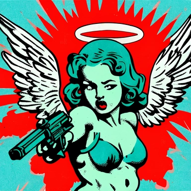 pop art baby sweat angel with machine gun K 112 drawing clipart animation realistic comic modern art