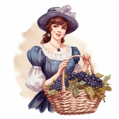 a watercolor of a victorian girl with a basket of fresh blueberries, blueberry academia style, vector free clipart illustration, in the style of unreal engine 5, 32k uhd, detailed features, white background