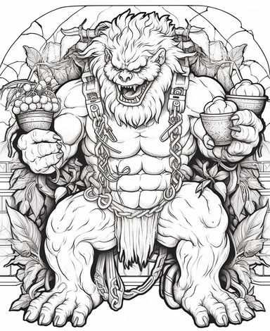 clean black and white coloring page of grape monster, resident evil style crisp lines white backgrount no fill, only black marker, low detail vector, clipart,