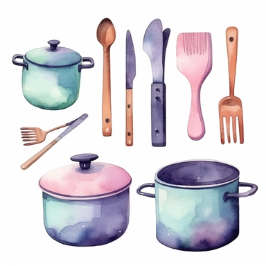 cooking items art watercolor clipart, minimalist, soft pastel colors 8k, isolated transparent background, 4 times spaced out