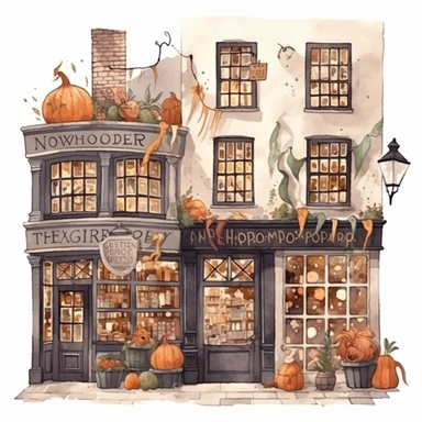a spooky magic shop decorated for Halloween , diagon alley from Harry Potter inspired, magical, Gouache, white background with margins, Clipart style