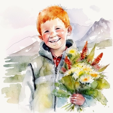 Laughing red-haired boy 7-10 years old in Caucasian clothes, with a bouquet of flowers, with a bouquet of edelweiss, mountains and sunrise in the background Watercolor Clipart postcard, white background with margins