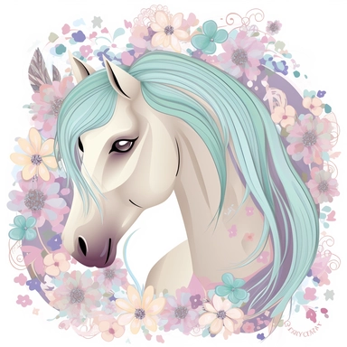 A horse clipart design for girls with a soft and girly color palette of pastel colors like pink, purple and blue to create a dreamy atmosphere. The horse itself is majestic and has a long flowing tail and mane that move in the wind. Flowers and butterflies surround the horse and give the design a romantic touch