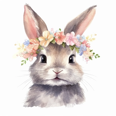 watercolor style, cute baby rabbit, smile, wear flower crown, white background, pixar style details Sublimation Clipart,hyper realistic, intricate detail, illustration style, isolated on white background for removing background