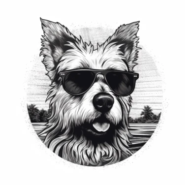 Australian Jungle Terrier wearing sunglasses , vintage, detailed, logo, clean, solid color, black and white color, clip art style, vector style, white background, i can't believe how cool this is