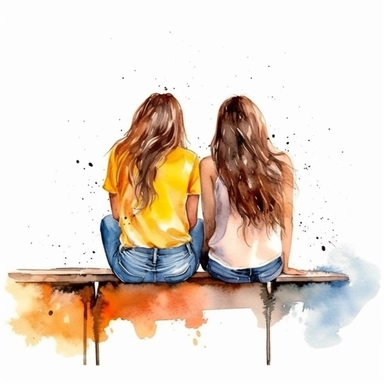 2 beautiful happy girls best friend sitting together back view illustration clipart, high detailed, white background, illustration painting, digital art, 8k, hd, watercolor